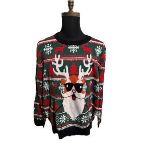 Funny Reindeer Santa Ugly Christmas Sweater XXL Green Red Snowflake Holiday
